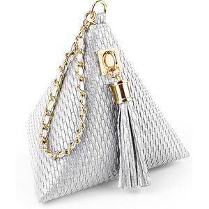 ⚡New Silver Leather Triangle Wristlet Clutch Handbag Pyramid Evening Cocktail